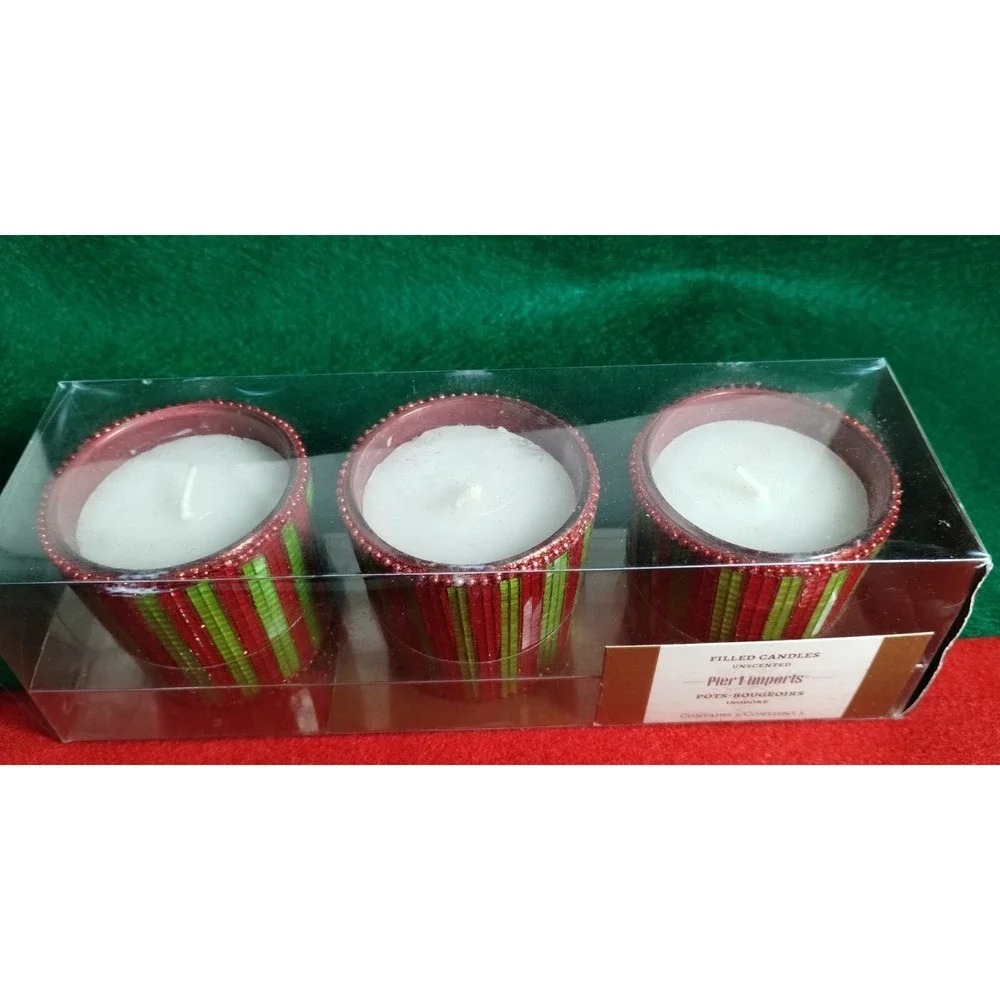 Pier 1 Imports Christmas Red & Green Mosaic Stripes Beaded Edge Votive Candles
